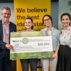  Professor Chris Greig with Ashley Baxter, Ashley Chiam and Theresa Qin. 